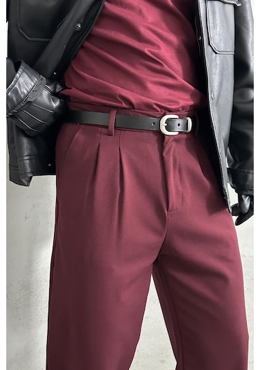Erkek Pileli Baggy Kalıp Kumaş Pantolon Bordo