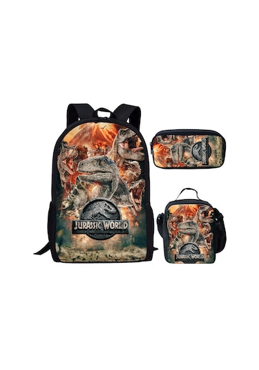 Xindoker Jurassic World Dino Mutfak Çantası + Okul Çanta + Kalem Kutusu 3'lü Set - Öğrenci Çantaları Ve Okul Malzemeleri Siyah