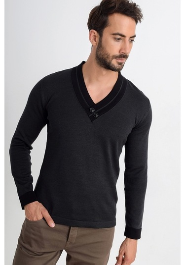 Heyss V Yaka Düğme Detaylı Erkek Triko Kazak (381033766) Antrasit