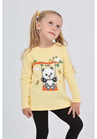 Toontoy Kız Çocuk Sallanan Panda Baskılı Sweatshirt Açık Sarı
