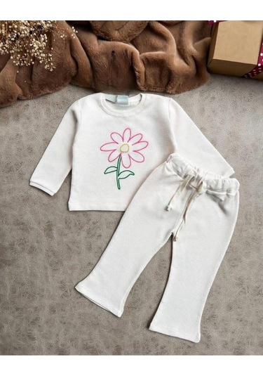 Kız Çocuk Gofre Kumaş Papatya Çiçek Nakışlı Alt Üst Takım Ekru