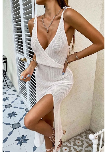Angelsin Örme Wrap Yaka Yırtmaçlı Plaj Elbisesi Pareo Beyaz