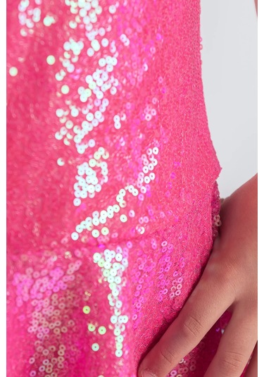 Etekli Şık Elbise Pullu 3 Kat Fuşya