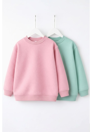 Zuzunga 2'li Basic Şardonlu Çocuk Sweatshirt Su Yeşili - Pudra 9003