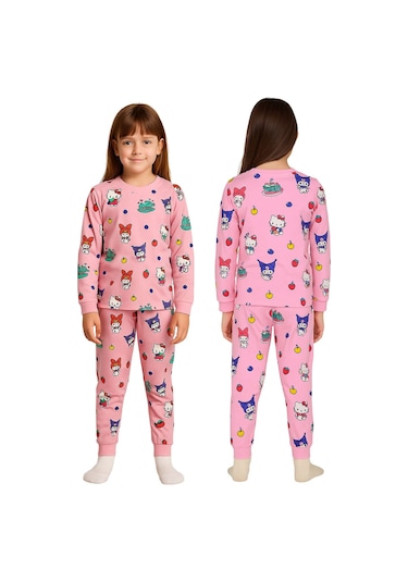 Cute Hello Kitty Ve Kuromi Desenli Kız Çocuk Pijama Takımı Pembe