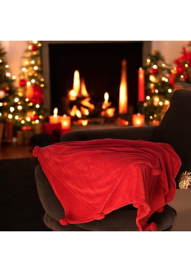 Ponponlu Battaniye 120 170 Kırmızı