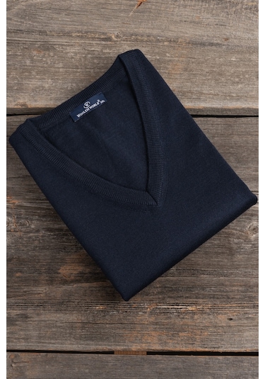 V Yaka Battal Büyük Boy Yünlü Kolsuz Triko Süveter Lacivert