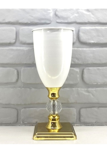 Modern Dekoratif Kristal Taşlı Gold Kare Ayaklı Taşlı Beyaz Vazo Altın - Beyaz