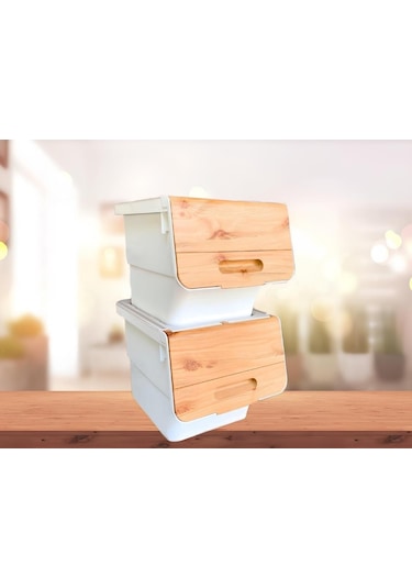 Motek Patetes Soğan Sepeti Oyuncak Kutusu Tekerlekli Organızer Çok Amaçlı Kutu 2x12lt-bambu+krem