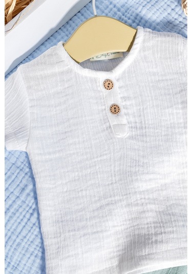 Pamuklu Müslin Düğmeli Alt Üst Şortlu Yazlık Erkek Bebek Takımı Yeşil