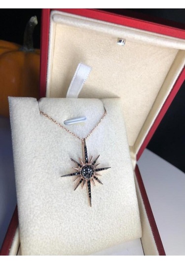 Kuzey Yıldızı Kutup Yıldızı Motifli Siyah Oniks Taşlı Gümüş Işıklı Kutuda Sevgiliye Eşe Kolye