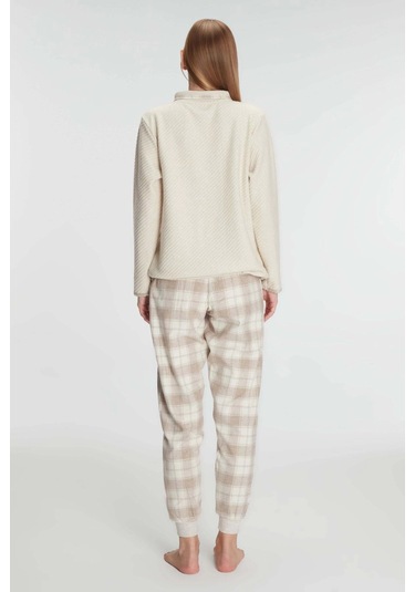 Fermuarlı Uzun Kol Sweatshirt Pantolon Takım Viskon Ve Pamuklu Pijama Takımı Ten