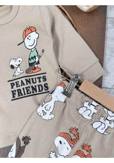 Bisiklet Yaka Peanuts Friends Baskılı Alt Üst Pijama Takımı 4bb2 Krem