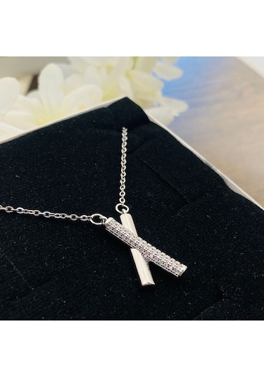 X Kolye Kadın Kolye Full Zirkon Taşlı Kolye 45cm Silver
