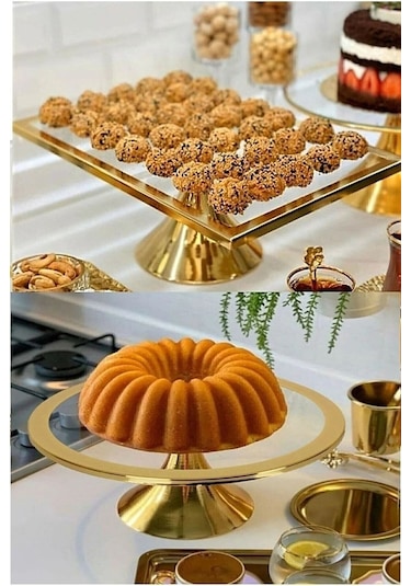 Yuvarlak ve Dikdörtgen Kek Pasta Standı 2'li Gold