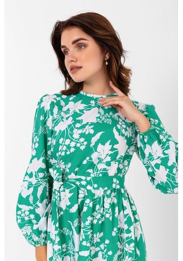 Yaprak Desenli Renkli Pamuklu Yazlık Baharlık Kuşaklı Elbise 2101 Yeşil