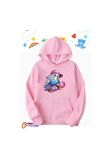 Muhabbet Kuşu Tasarım Çocuk Sweatshirt Hoodie Pembe