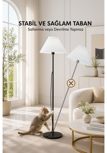 Metal Lambader Siyah 150 Cm Tek Ayaklı Pileli Beyaz Modern Kumaş Başlık Lam08