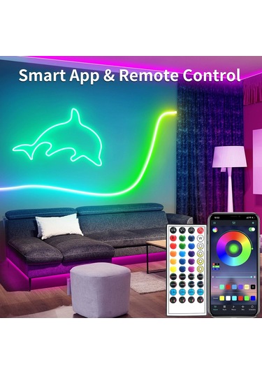 Gajeena 5m 300 Led Rgb Neon Işık Şeridi, Ip65 Su Geçirmez, Müzik Senkronu, Uygulama/kumanda Kontrol, İç/harici Kullanım, 24v Enerji Verimli Çok Renkli