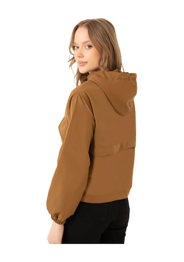 Spor Kadın Pudra Su Geçirmez Ve Rüzgara Dayanıklı Kapüşonlu Çıt Çıtlı Mevsimlik Yağmurluk Taba