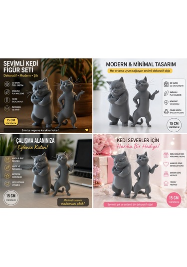 Sevimli Kedi Figür Seti 15 Cm 3d Baskı Dekoratif Obje Çok Renkli