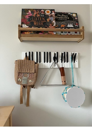 Dekoratif Piyano Elbise Askılığı 15x55 Cm 15 Tuşlu Ahşap Askılık Beyaz - Siyah