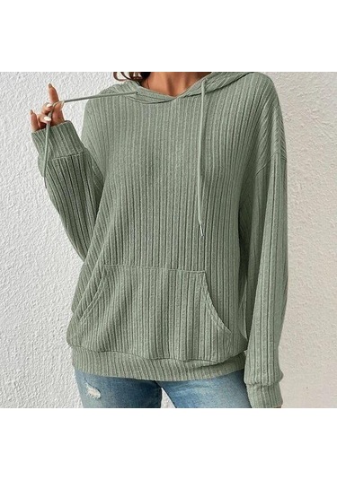 Gmxıa Kadın Modası Rahat Düz Renk Baskı Sonbahar Kış Uzun Kollu Kapşonlu Gevşek Pit Kanguru Cepli Kapşonlu Yeşil