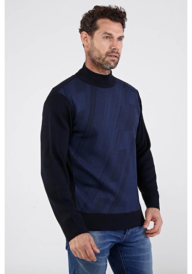 Çizgi Triko Erkek Çelik Örgü Yarım Balıkçı Triko Kazak 4609B Laci Lacivert