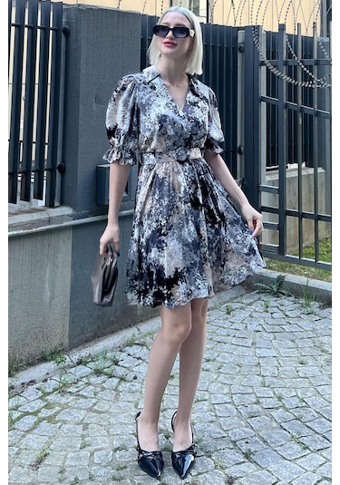 Madmext Siyah Desenli Kruvaze Yaka Kemerli Mini Elbise Mg2073-siyah