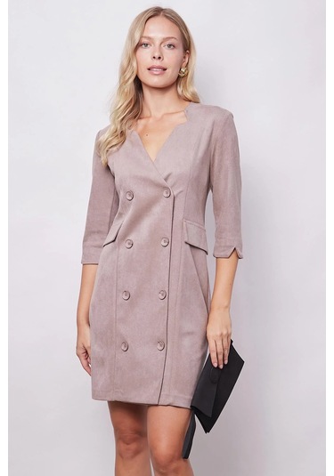 Kadın Kadife Likralı Yumuşak Dokulu Kruvaze Kapri Truvakar Kol Kolu Yırtmaçlı Ofis Ceket Elbise-bej Bej