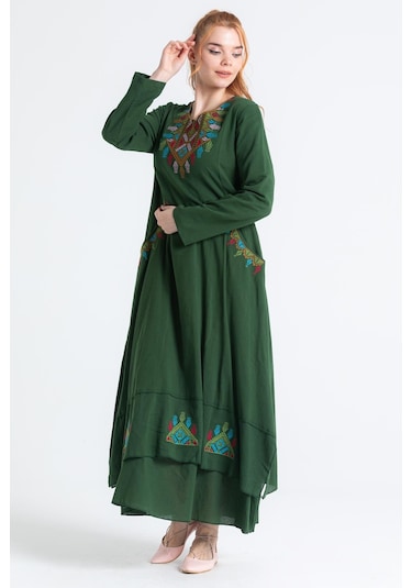 Uzun Kol Şile Bezi Nakışlı Antik Uzun Elbise Yeşil