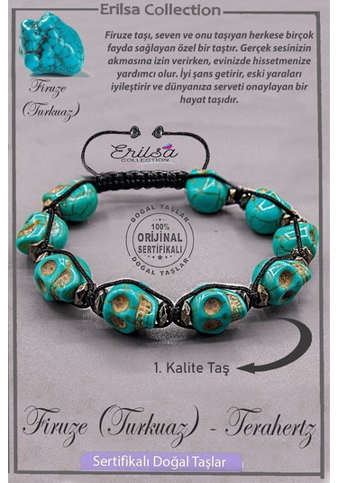 Sertifikalı Kuru Kafa Model Aaa+ Kalite Firuze Taşı Bileklik Tur Çok Renkli