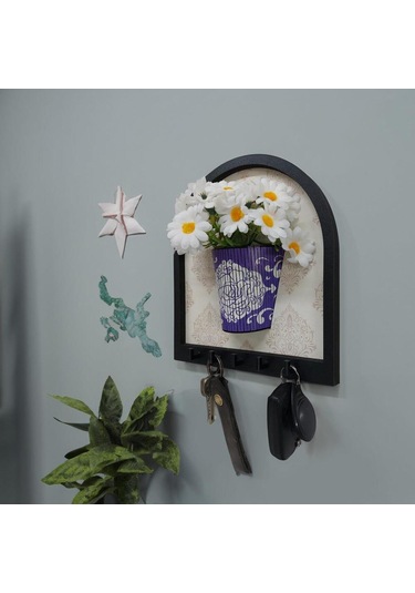 Ahşap Motifli Mor Saksı İçinde Beyaz Yapay Papatyalar Askılık Duvar Dekoru Diğer