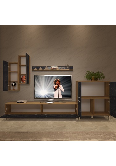 Decoraktiv Eko 6 Mdf Std Krom Ayaklı Tv Ünitesi Tv Sehpası Pera - Siyah Mermer