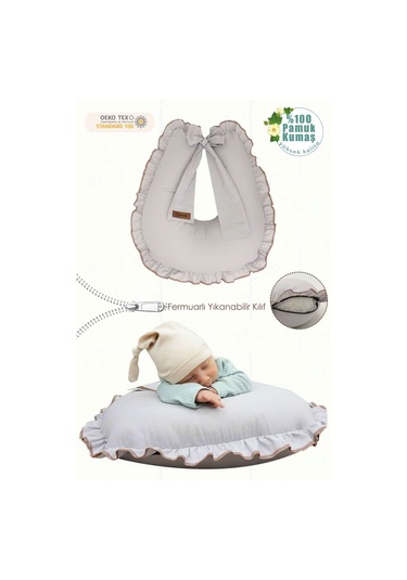 Mordesign Fırfırlı Emzirme Yastığı, Bebek Destek Minderi, Hamile Yastığı, Pamuk Kumaş, Ruffle Seri, Gri Zg10198