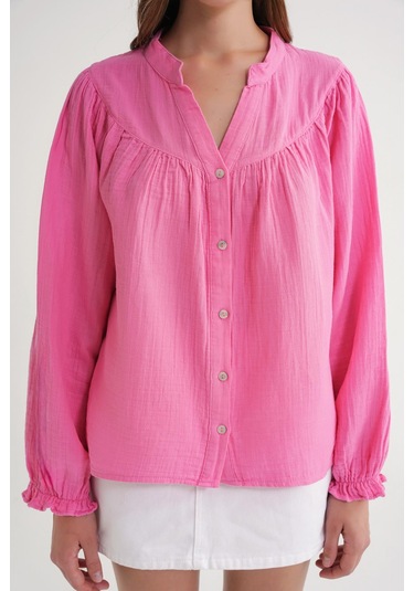 4733 Kadın Büzgü Robalı Uzun Kol Müslin Gömlek Pembe Pembe