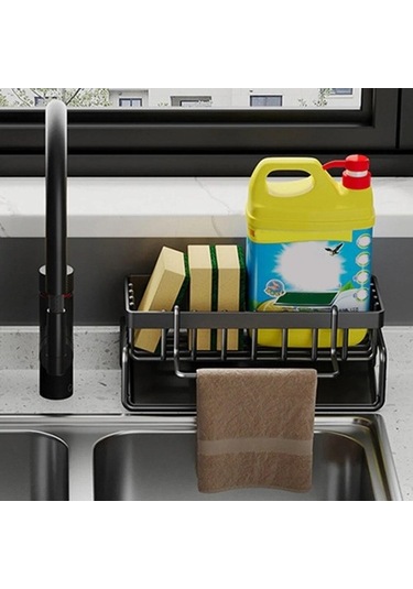 Pazly Mutfak Lavabo Organizatörü Sünger Tutucu, Kendiliğinden Boşalan Tepsi, Bulaşık Sabunu, Fırçalama, Bezi, Paslanmaz Çelik Raf Siyah