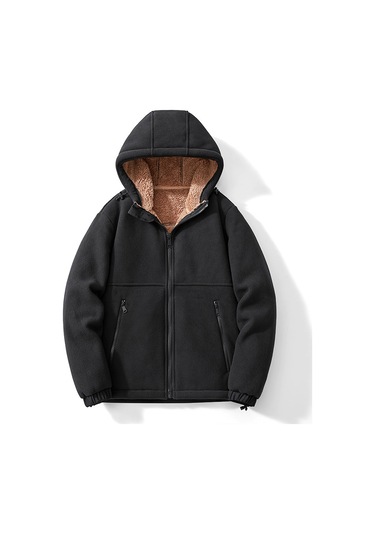 Erkek Sonbahar Ve Kış Kapşonlu Kuzu Derisi Kalın Sıcak Ceket Siyah