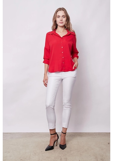 Likrasız Şık Kumaş Yakalı Sırt Dekolteli Uzun Kol Apoletli Gömlek-kırmızı Kırmızı