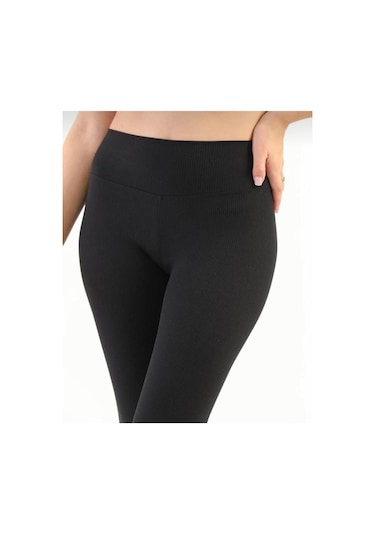 Misschic Kadın Siyah Yüksek Bel Içi Polarlı Şardonlu Fitilli Termal Tayt Siyah