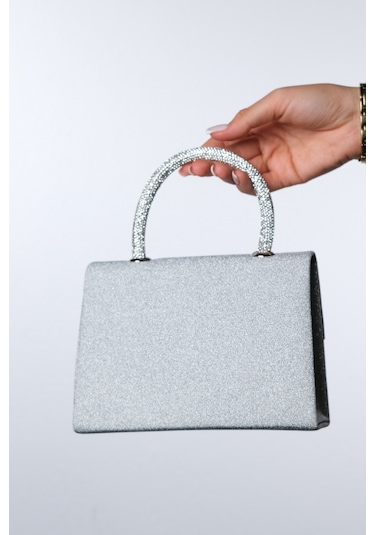 Valeria Gümüş Simli Taşlı Kadın El Çantası Gümüş Sim