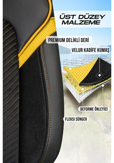 Siyah - Sarı Garni Panda Monte Carlo Serisi Velor Kadife Kumaş Oto Koltuk Kılıfı - Tam Set