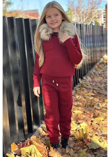 Riccotarz Kız Çocuk Yakası Çıkarılabilir Kürklü Kazak Çift Cepli Triko Bordo Alt Üst Takım Bordo