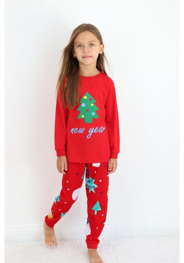 Kız Çocuk Orta Kalınlıkta Basic Baskılı Pijama Takımı Kırmızı