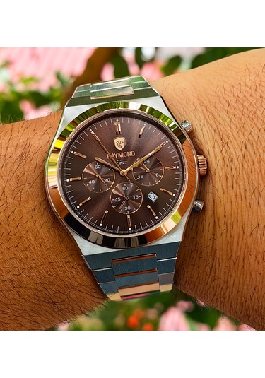 Raymond Star Serisi Kahverengi Kadran Çelik Erkek Kol Saati Gümüş - Rose Gold