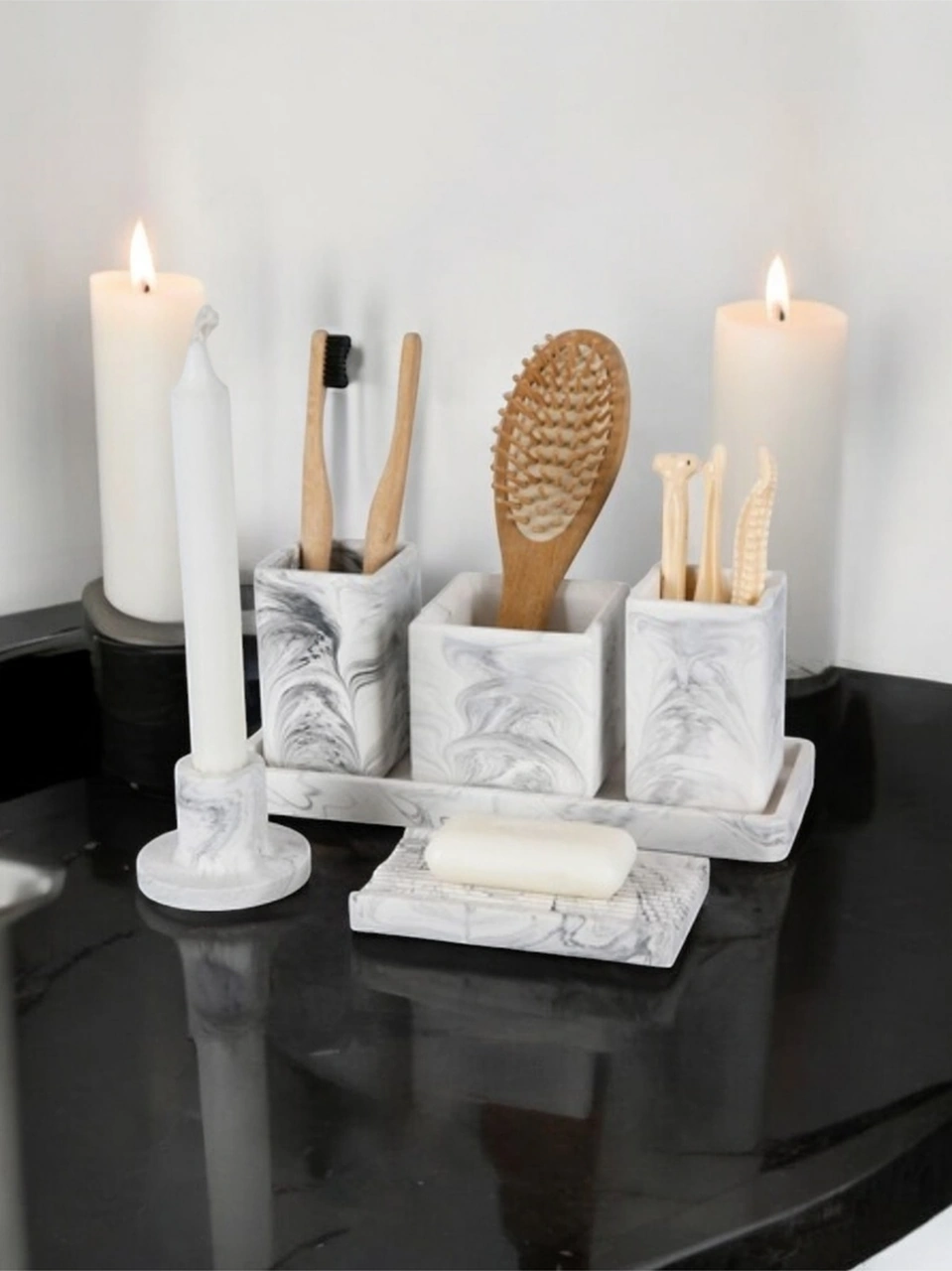 6 Parça Mermer Desen Beton Banyo Seti Diş Fırçalık Tütsülük Mumluk Tepsi Sabunluk Gri
