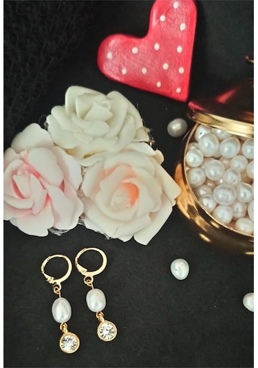 24k Altın Kaplama Gerçek İnci Zirkon Taşlı Beyaz Kristal Tasarım Gold