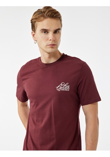 Koton Regular Fit Kısa Kollu Bisiklet Yaka Pamuklu Baskılı Tişört Bordo 6wam10094hk Bordo