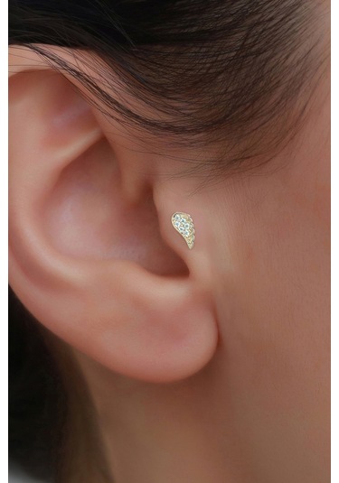 14 Ayar Altın Taşlı Kanat Tragus Piercing Sarı