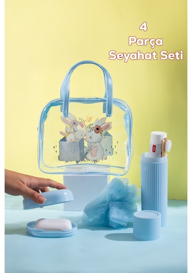 Porsima 3144 Tavşan Figürlü Seyahat Seti - Diş Fırçası Kutusu Banyo Lifi Sabun Kutusu Seyahat Çantası Mavi Mavi